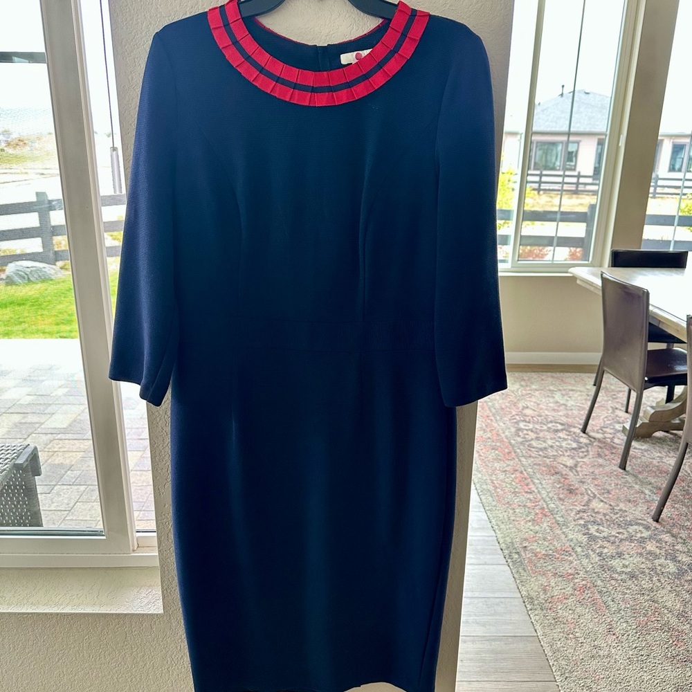Boden Navy Dress with Red Ruffle Trim